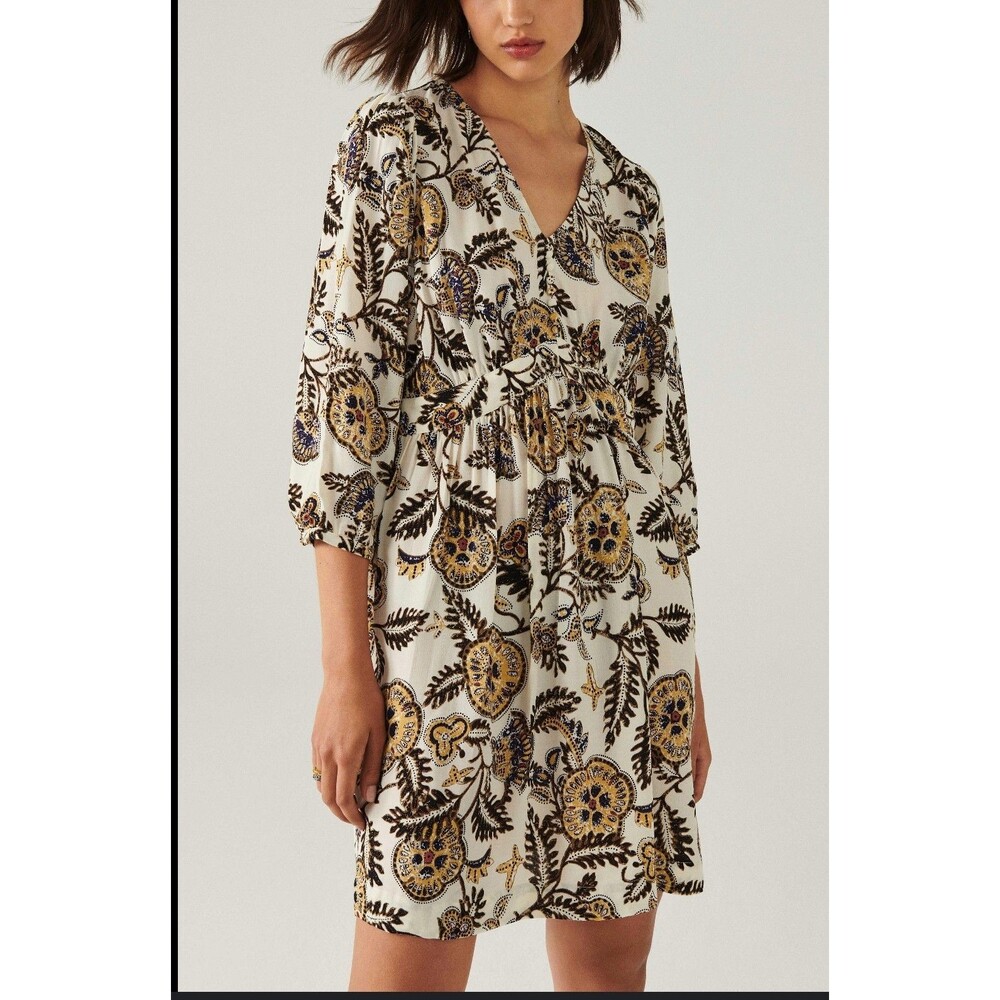 BA&SH Volver Mini Dress Ecru Boho Floral Babydoll Sz 1 Small Womens Bash New